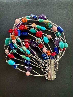 Fabulous Vibrant Silver Multicolor Beaded Multi-Strand Bracelet - Gemstone Mix
